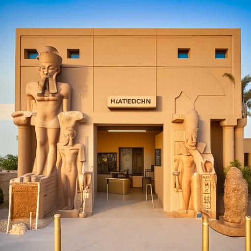 Ancient Egyptian-themed tourism company exterior modeled after pharaonic temples, and an interior showcasing the reception and staff offices dressed in Egyptian civilization decor.