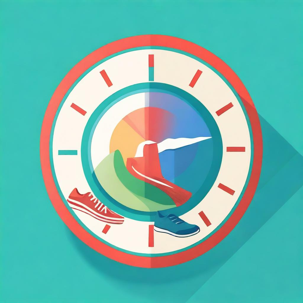 A stylized illustration featuring a rising sun symbolizing success, a brain representing personal development, a clock for productivity, and a running shoe for fitness