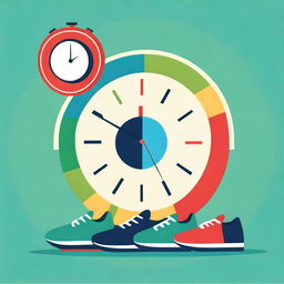 A stylized illustration featuring a rising sun symbolizing success, a brain representing personal development, a clock for productivity, and a running shoe for fitness