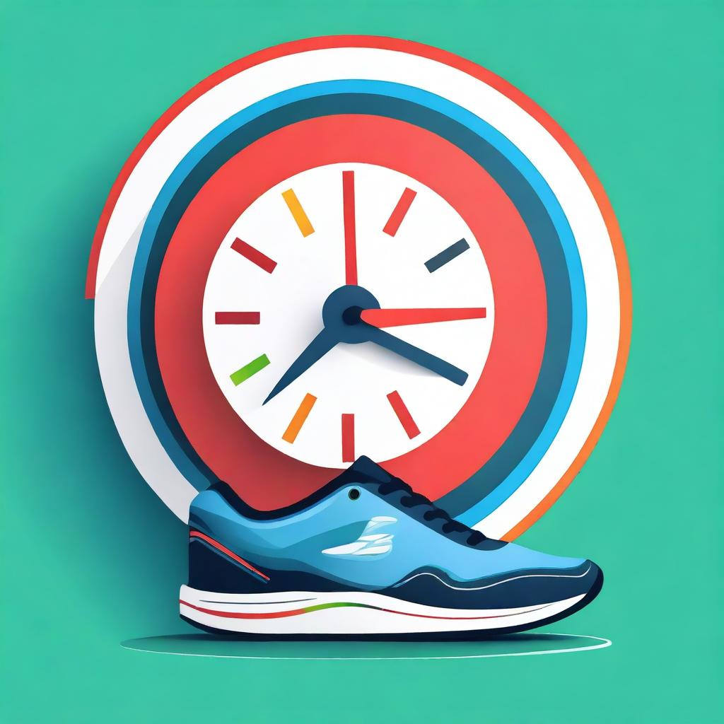 A stylized illustration featuring a rising sun symbolizing success, a brain representing personal development, a clock for productivity, and a running shoe for fitness