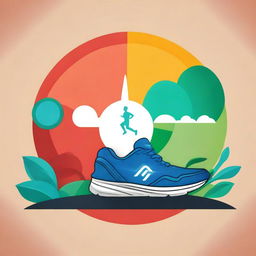 A stylized illustration featuring a rising sun symbolizing success, a brain representing personal development, a clock for productivity, and a running shoe for fitness