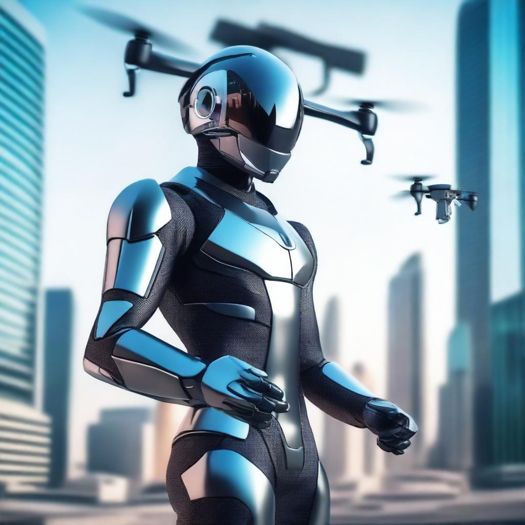 A futuristic drone pilot operating advanced technology with a sleek, high-tech control interface