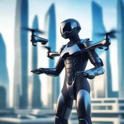 A futuristic drone pilot operating advanced technology with a sleek, high-tech control interface