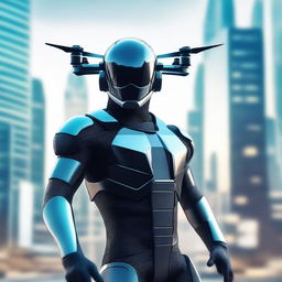 A futuristic drone pilot operating advanced technology with a sleek, high-tech control interface