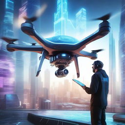 A futuristic scene featuring a drone pilot controlling an unusual drone