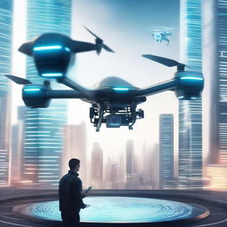 A futuristic scene featuring a drone pilot controlling an unusual drone