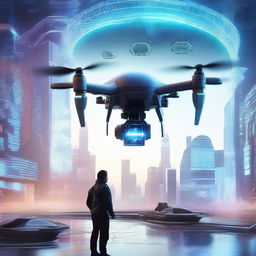 A futuristic scene featuring a drone pilot controlling an unusual drone