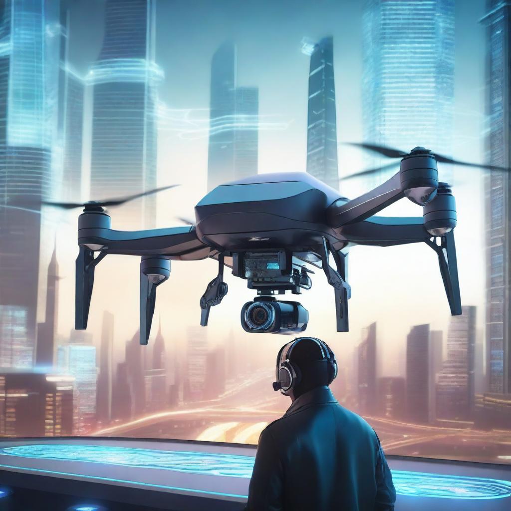 A futuristic scene featuring a drone pilot controlling an unusual drone