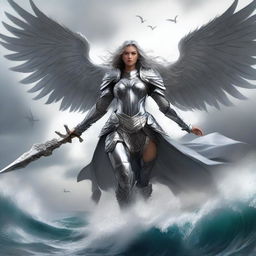 A beautiful but pissed off female aasimar in silver armor, soaring above a vast sea with large angelic wings and carrying a large spear