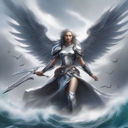 A beautiful but pissed off female aasimar in silver armor, soaring above a vast sea with large angelic wings and carrying a large spear