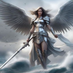 A beautiful but pissed off female aasimar in silver armor, soaring above a vast sea with large angelic wings and carrying a large spear