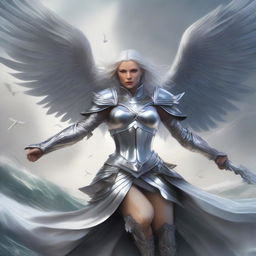 A beautiful but pissed off female aasimar in silver armor, soaring above a vast sea with large angelic wings and carrying a large spear