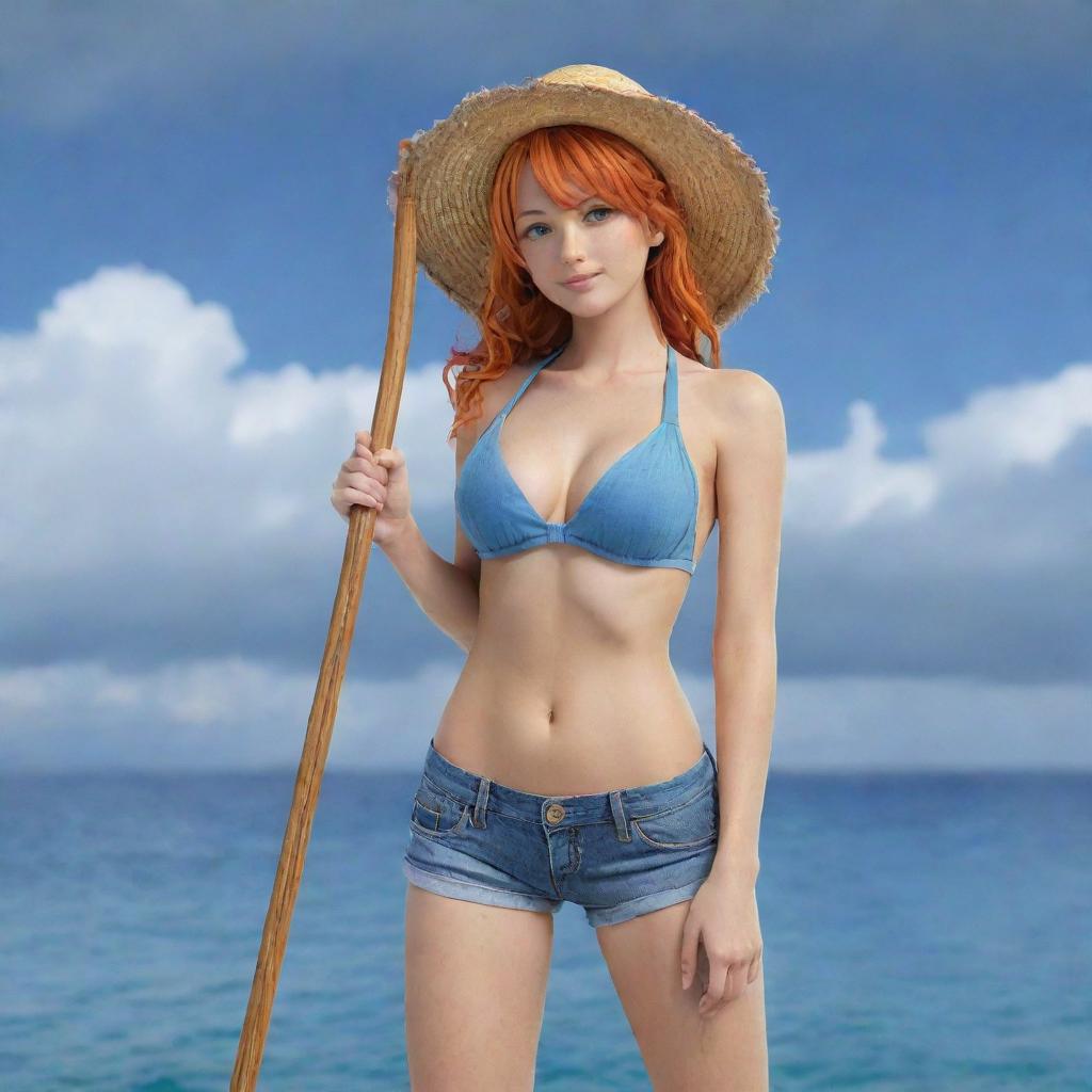 Generate an image of Nami from One Piece, a young woman with orange hair, typically dressed in a bikini top and jeans, equipped with a staff that helps control the weather.