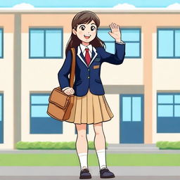 A cheerful school girl wearing a classic school uniform with a pleated skirt and a blazer, standing in front of a school building