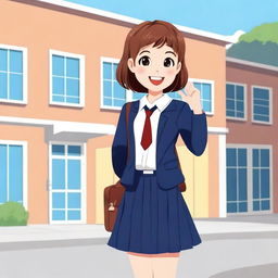 A cheerful school girl wearing a classic school uniform with a pleated skirt and a blazer, standing in front of a school building