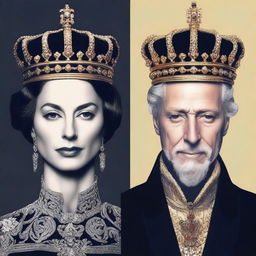 A split image of a royal figure, with one half showing a regal, composed face and the other half revealing a shadowy, deceptive side