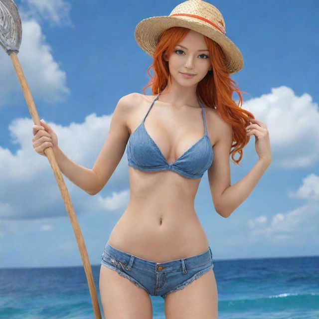 Generate an image of Nami from One Piece, a young woman with orange hair, typically dressed in a bikini top and jeans, equipped with a staff that helps control the weather.