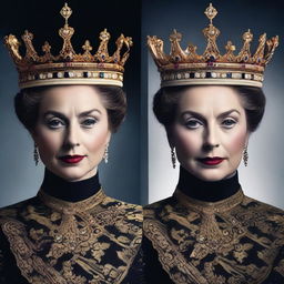 A split image of a royal figure, with one half showing a regal, composed face and the other half revealing a shadowy, deceptive side