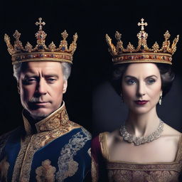 A split image of a royal figure, with one half showing a regal, composed face and the other half revealing a shadowy, deceptive side