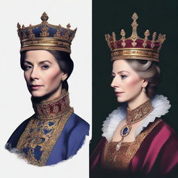 A split image of a royal figure, with one half showing a regal, composed face and the other half revealing a shadowy, deceptive side