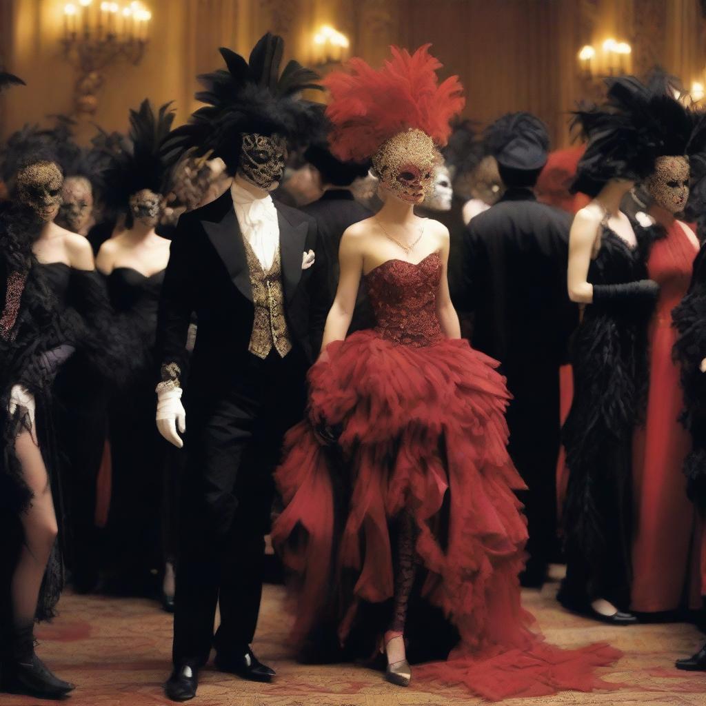 A scene from a royal masquerade ball, with elegantly dressed figures wearing feathered masks