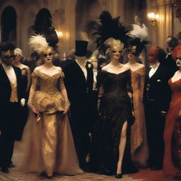 A scene from a royal masquerade ball, with elegantly dressed figures wearing feathered masks