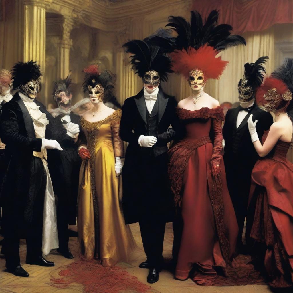 A scene from a royal masquerade ball, with elegantly dressed figures wearing feathered masks