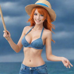 Generate an image of Nami from One Piece, a young woman with orange hair, typically dressed in a bikini top and jeans, equipped with a staff that helps control the weather.