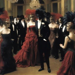 A scene from a royal masquerade ball, with elegantly dressed figures wearing feathered masks