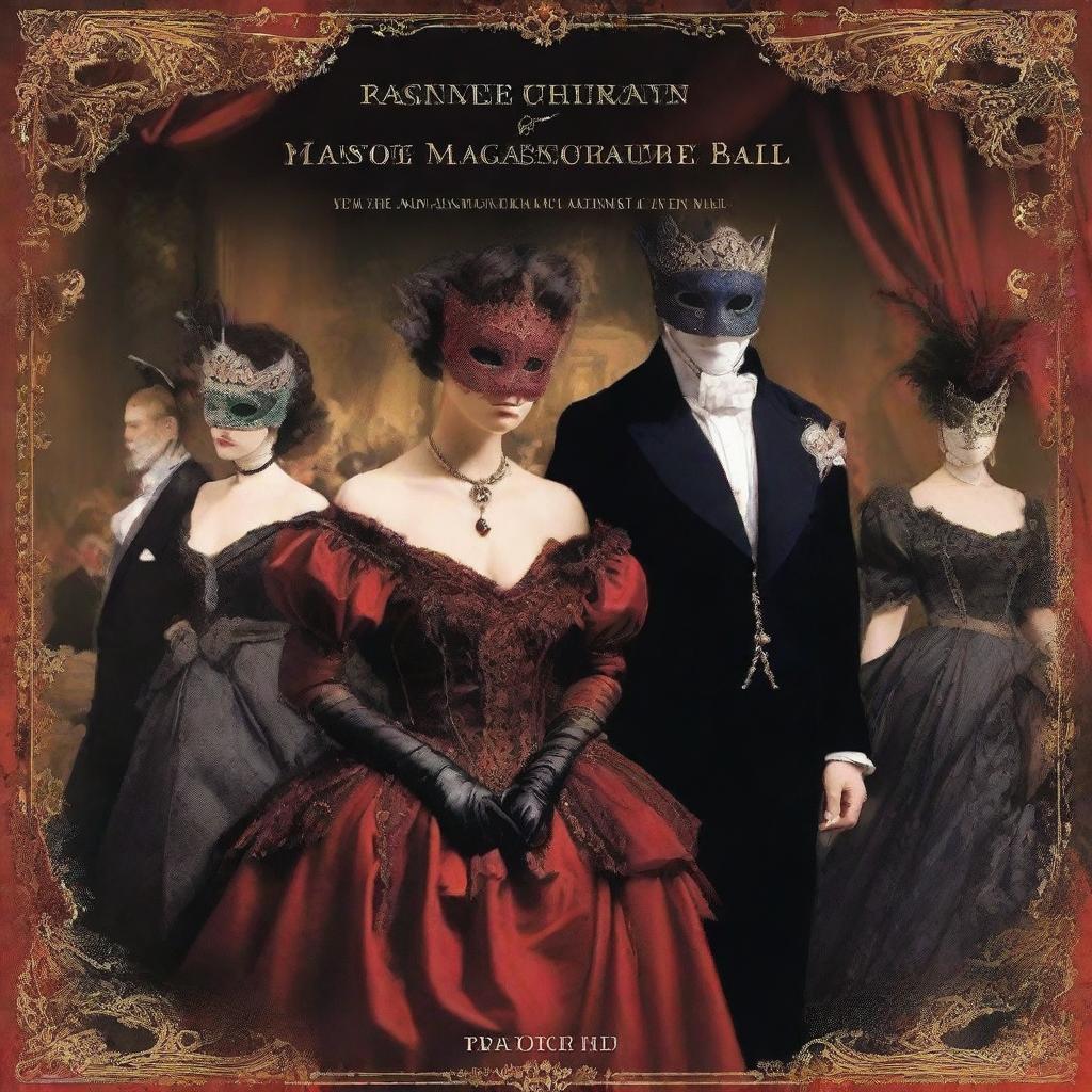 A book cover depicting a scene from a royal masquerade ball, with elegantly dressed figures wearing feathered masks