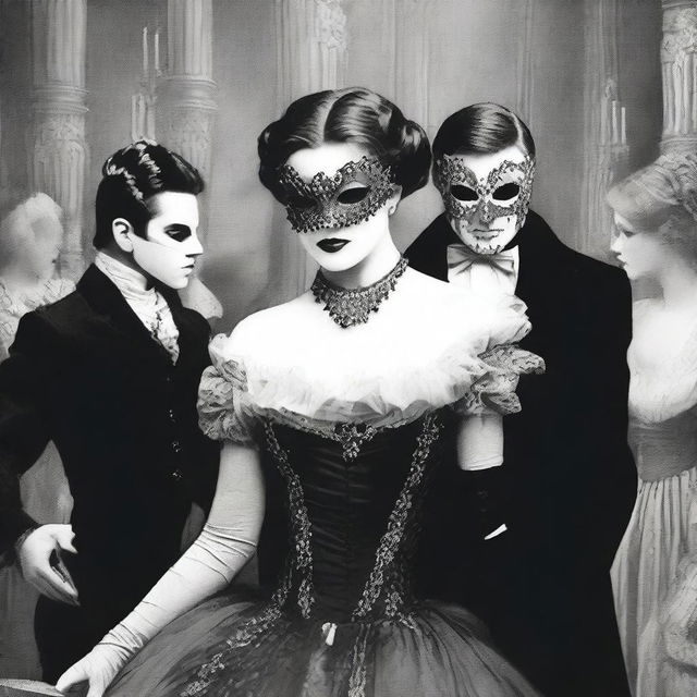 A book cover depicting a scene from a masked ball in black and white