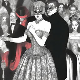 A book cover depicting a scene from a masked ball in black and white