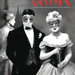 A book cover depicting a scene from a masked ball in black and white