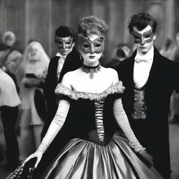 A book cover depicting a scene from a masked ball in black and white