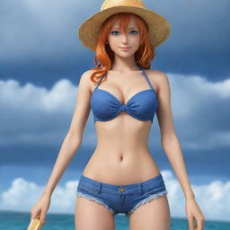 Generate an image of Nami from One Piece, a young woman with orange hair, typically dressed in a bikini top and jeans, equipped with a staff that helps control the weather.