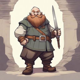 A mischievous dwarf with a scar on his left eye, wearing rugged adventurer's clothes, standing in a medieval fantasy setting with a sly grin on his face and a small dagger in his hand