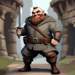 A mischievous dwarf with a scar on his left eye, wearing rugged adventurer's clothes, standing in a medieval fantasy setting with a sly grin on his face and a small dagger in his hand