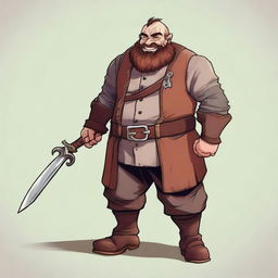 A mischievous dwarf with a scar on his left eye, wearing rugged adventurer's clothes, standing in a medieval fantasy setting with a sly grin on his face and a small dagger in his hand