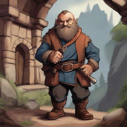 A mischievous dwarf with a scar on his left eye, wearing rugged adventurer's clothes, standing in a medieval fantasy setting with a sly grin on his face and a small dagger in his hand