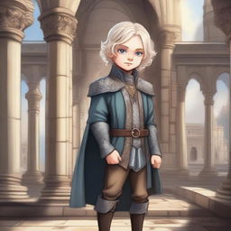 A cartoon painting of an arrogant noble boy with silvery blonde hair, depicted in a fantasy art style