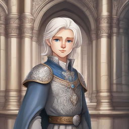 A cartoon painting of an arrogant noble boy with silvery blonde hair, depicted in a fantasy art style