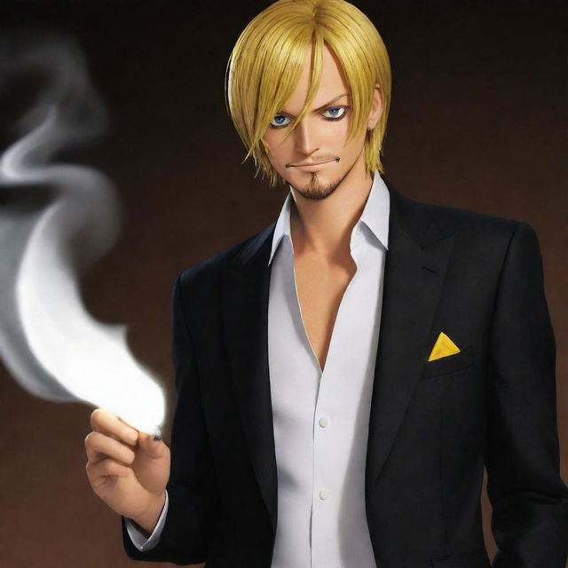 Create an image of Sanji, otherwise known as 'Black Leg' Sanji from One Piece. He should be in his classic outfit with a suit, tie, and his hair covering one eye. Known for his cooking, show him lighting  a cigarette.