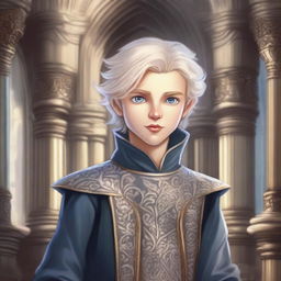 A cartoon painting of an arrogant noble boy with silvery blonde hair, depicted in a fantasy art style