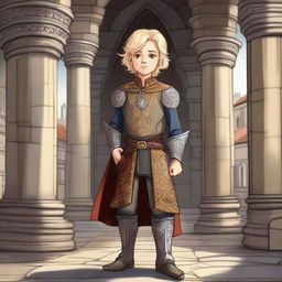 A cartoon painting of an arrogant noble boy with silvery blonde hair, depicted in a fantasy art style