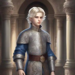 A painting of an arrogant noble boy with silvery blonde hair, depicted in a fantasy art style