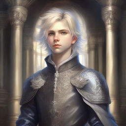 A painting of an arrogant noble boy with silvery blonde hair, depicted in a fantasy art style