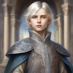 A painting of an arrogant noble boy with silvery blonde hair, depicted in a fantasy art style