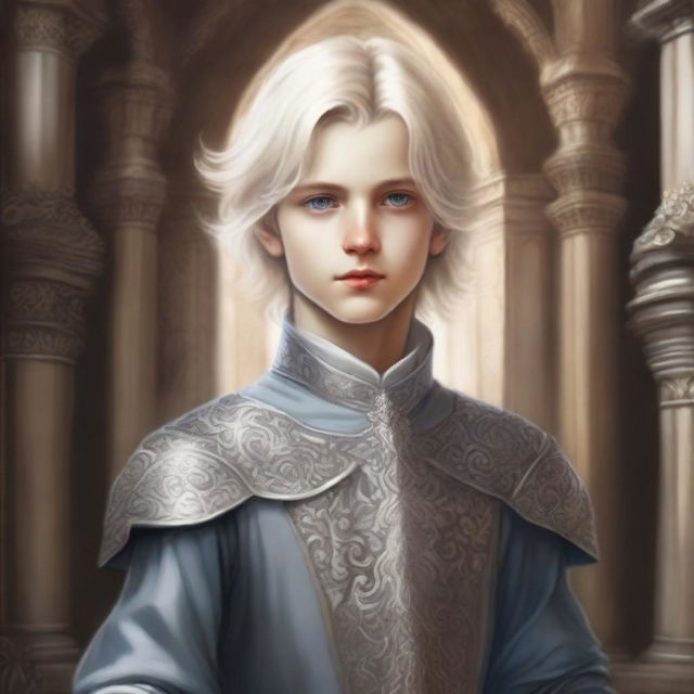 A painting of an arrogant noble boy with silvery blonde hair, depicted in a fantasy art style