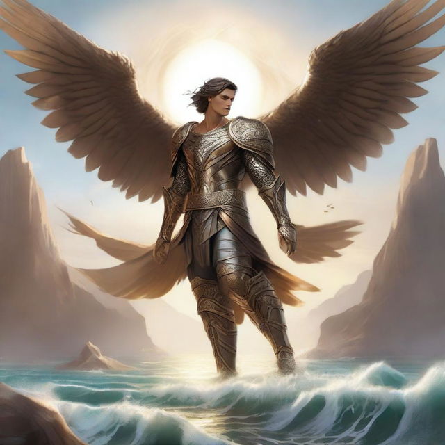 A beautiful male aasimar in bronze armor flying above a vast sea with large hawk-like wings