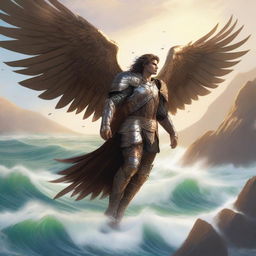 A beautiful male aasimar in bronze armor flying above a vast sea with large hawk-like wings